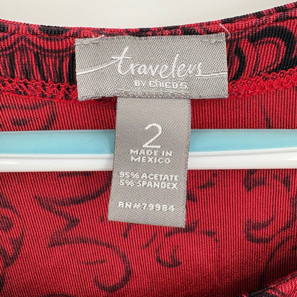 Travelers by Chicos Red Black Damask Print 3/4 Sleeve Blouse Top Size 2 L XL - Picture 2 of 9